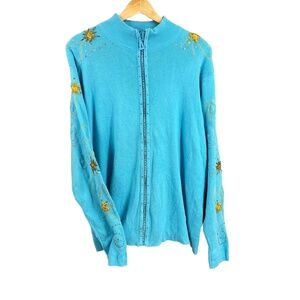 Quacker Factory Cardigan Sweater Blue Embroidered Beaded Sequined Zip Large